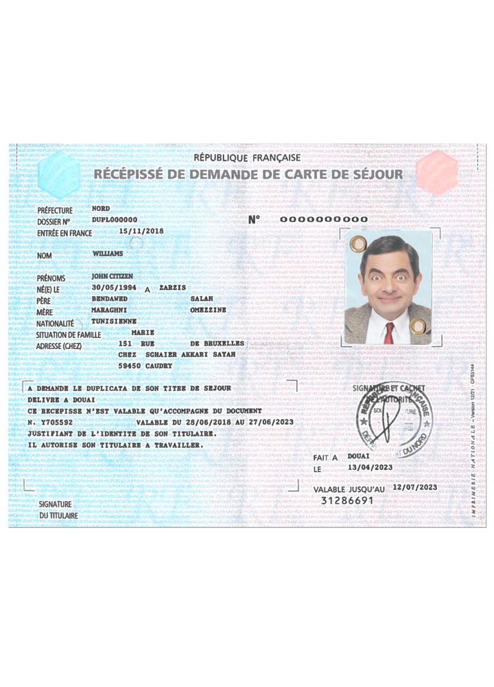 Récépissé de demande de carte de séjour FRANCE